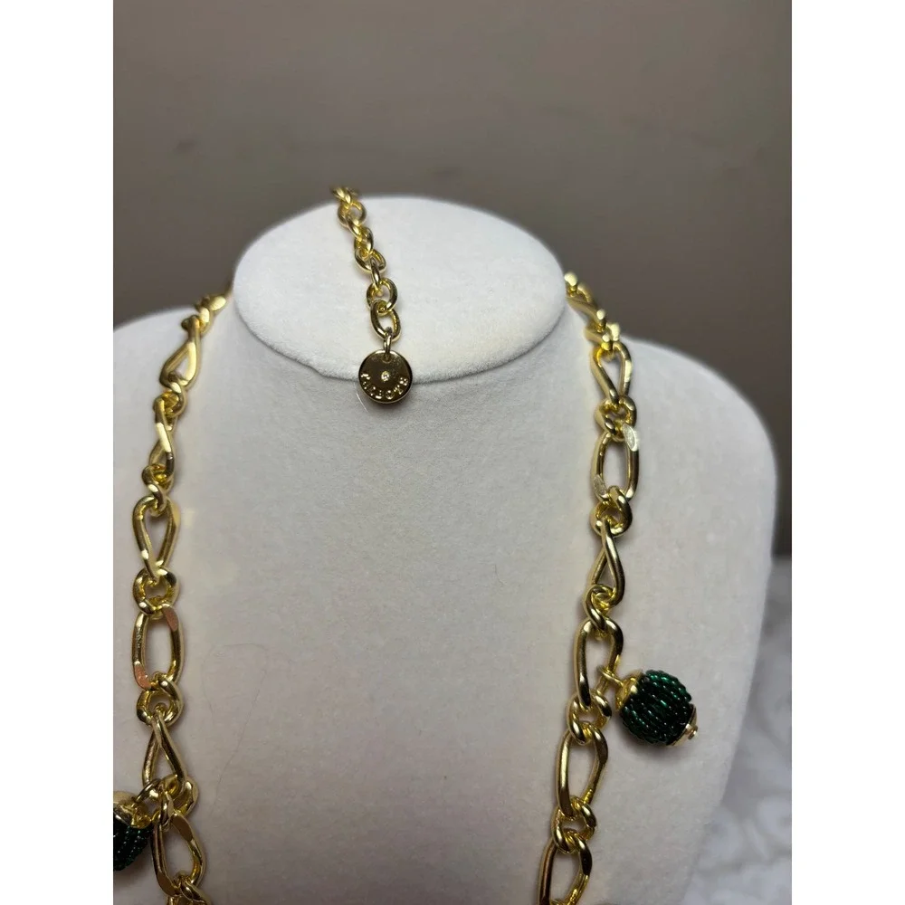 Talbots Gold Tone Chunky Link Necklace Green Beaded Ball Charms Statement 20in